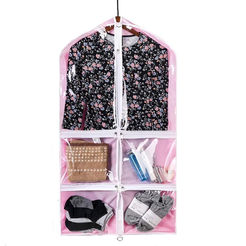 QEES Pink Costume Garment Bag with 4 Zipper Pockets, 37" Clear Kids Garment Bags, Dance Costume Bags, Children's Garment & Costume Bags for Dance Competitions,Travel and Closet Storage YFZ71 (3 PCS)