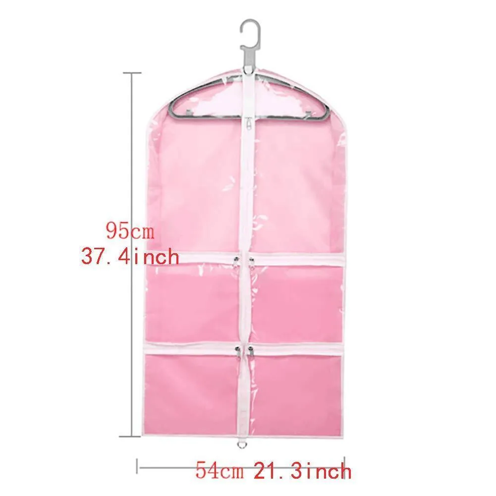 QEES Pink Costume Garment Bag with 4 Zipper Pockets, 37" Clear Kids Garment Bags, Dance Costume Bags, Children's Garment & Costume Bags for Dance Competitions,Travel and Closet Storage YFZ71 (3 PCS)