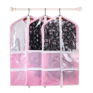 QEES Pink Costume Garment Bag with 4 Zipper Pockets, 37" Clear Kids Garment Bags, Dance Costume Bags, Children's Garment & Costume Bags for Dance Competitions,Travel and Closet Storage YFZ71 (3 PCS)