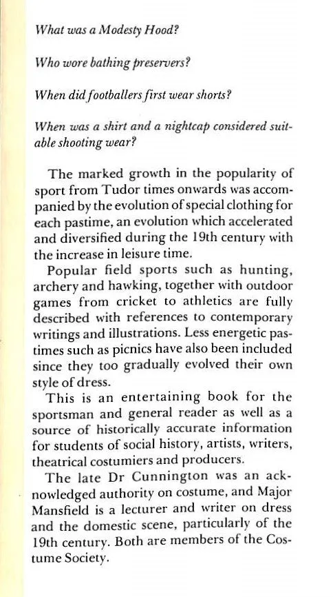 "English Costume For Sports & Outdoor Recreation: From The 16th To 19th Centuries" CUNNINGTON, Phillis & MANSFIELD, Alan