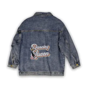 Retro 70s Atomic Cat Dancing Queen Oversized Denim Jacket, Vintage-Inspired Stylish Jean Wear for Women