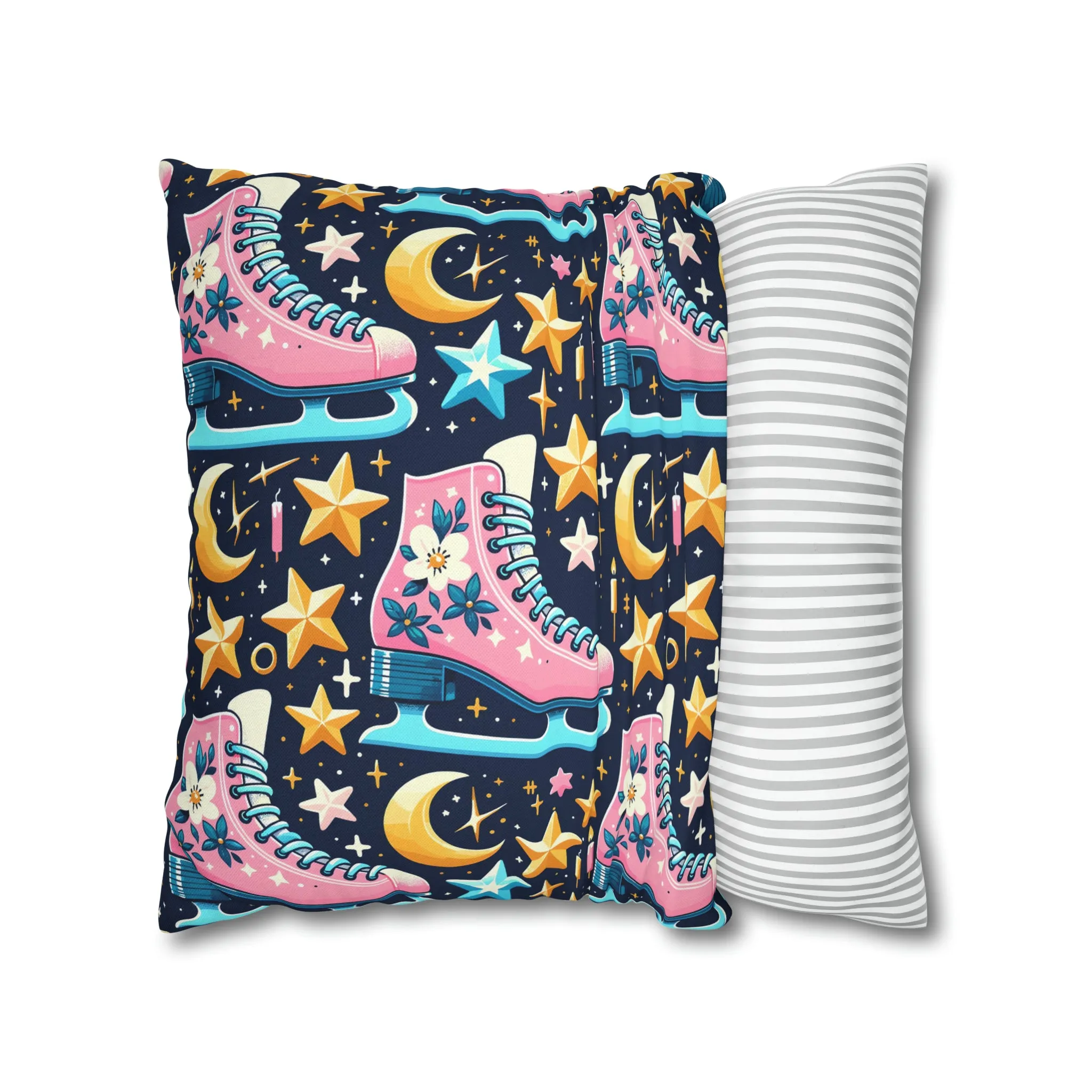 Roller Skates Pillowcase, 80s Vintage Retro Skates Pink Pillow Cover