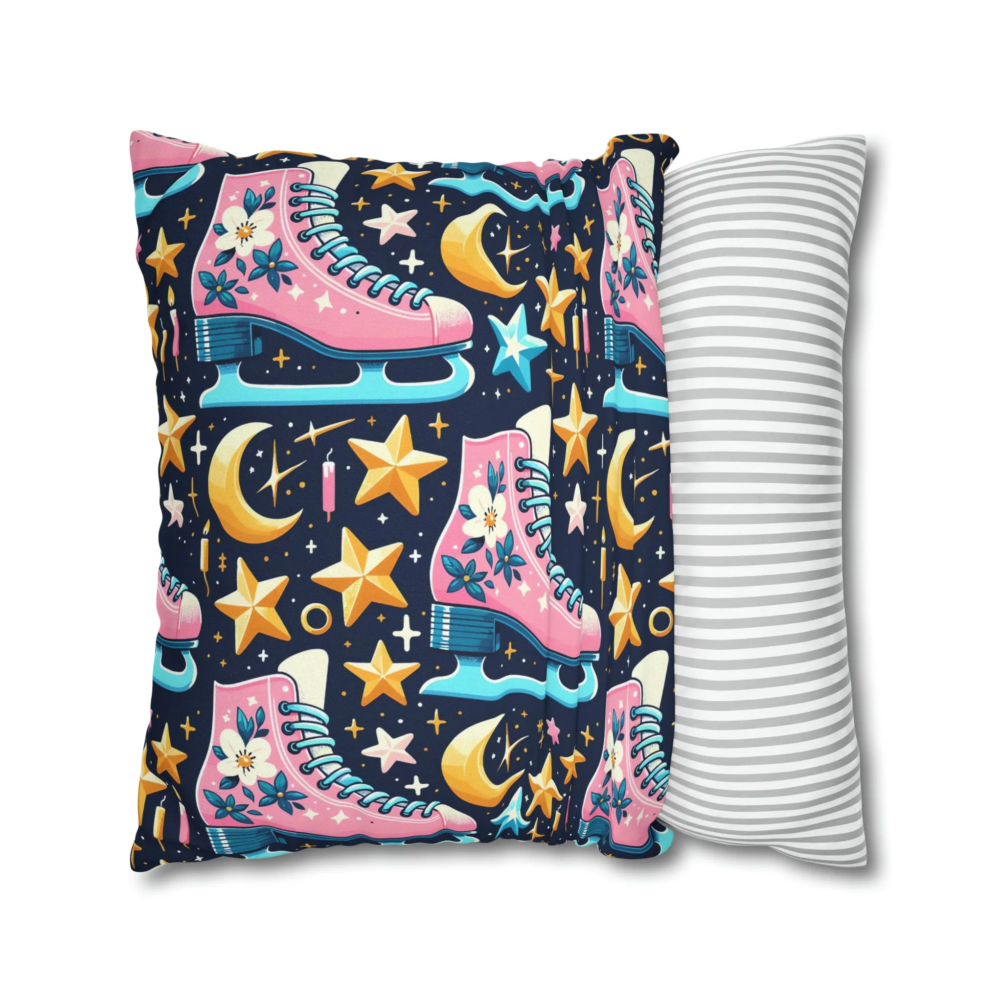 Roller Skates Pillowcase, 80s Vintage Retro Skates Pink Pillow Cover