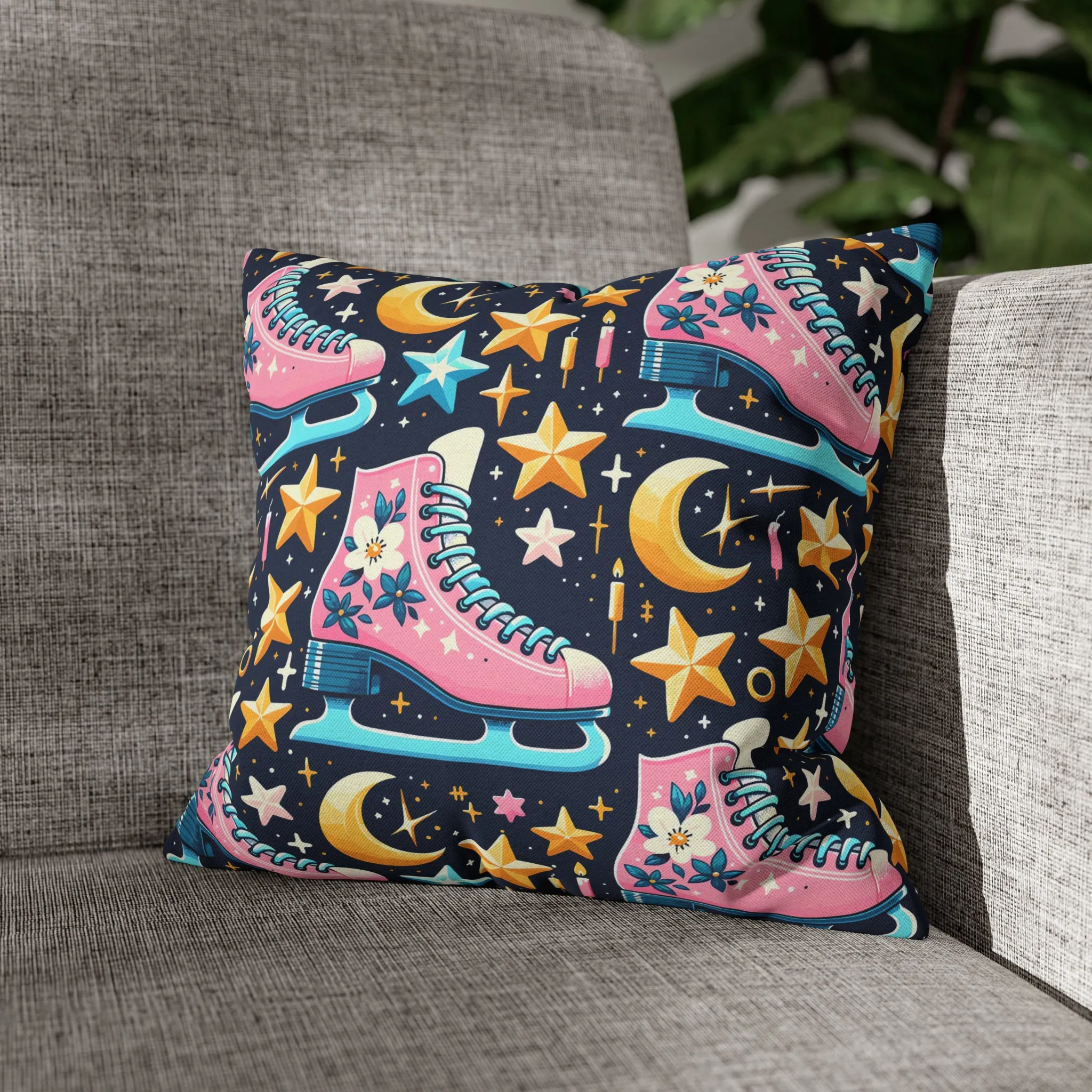Roller Skates Pillowcase, 80s Vintage Retro Skates Pink Pillow Cover