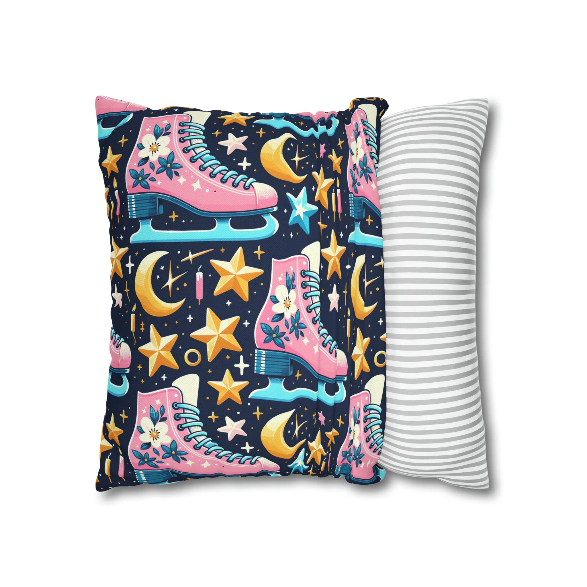 Roller Skates Pillowcase, 80s Vintage Retro Skates Pink Pillow Cover