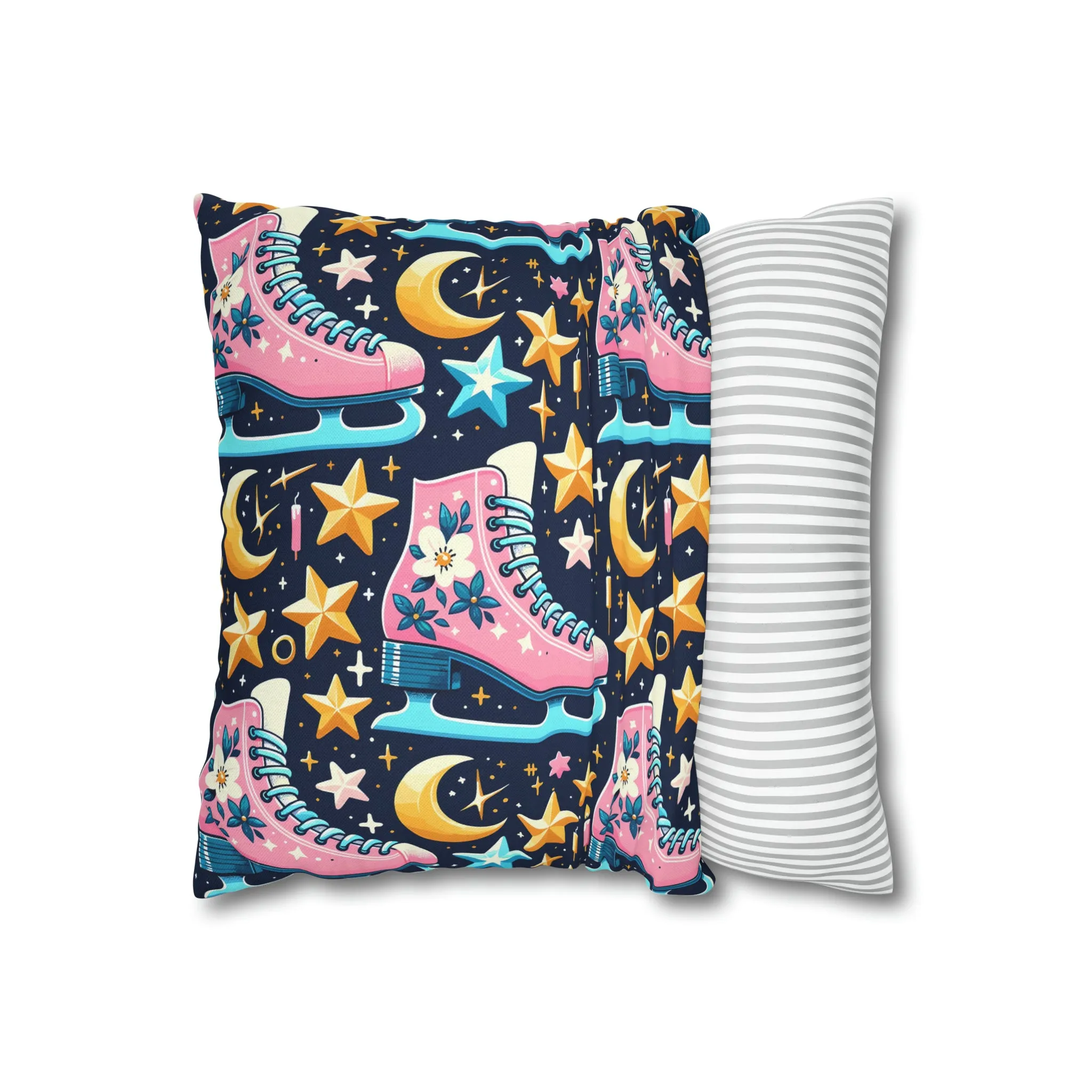 Roller Skates Pillowcase, 80s Vintage Retro Skates Pink Pillow Cover