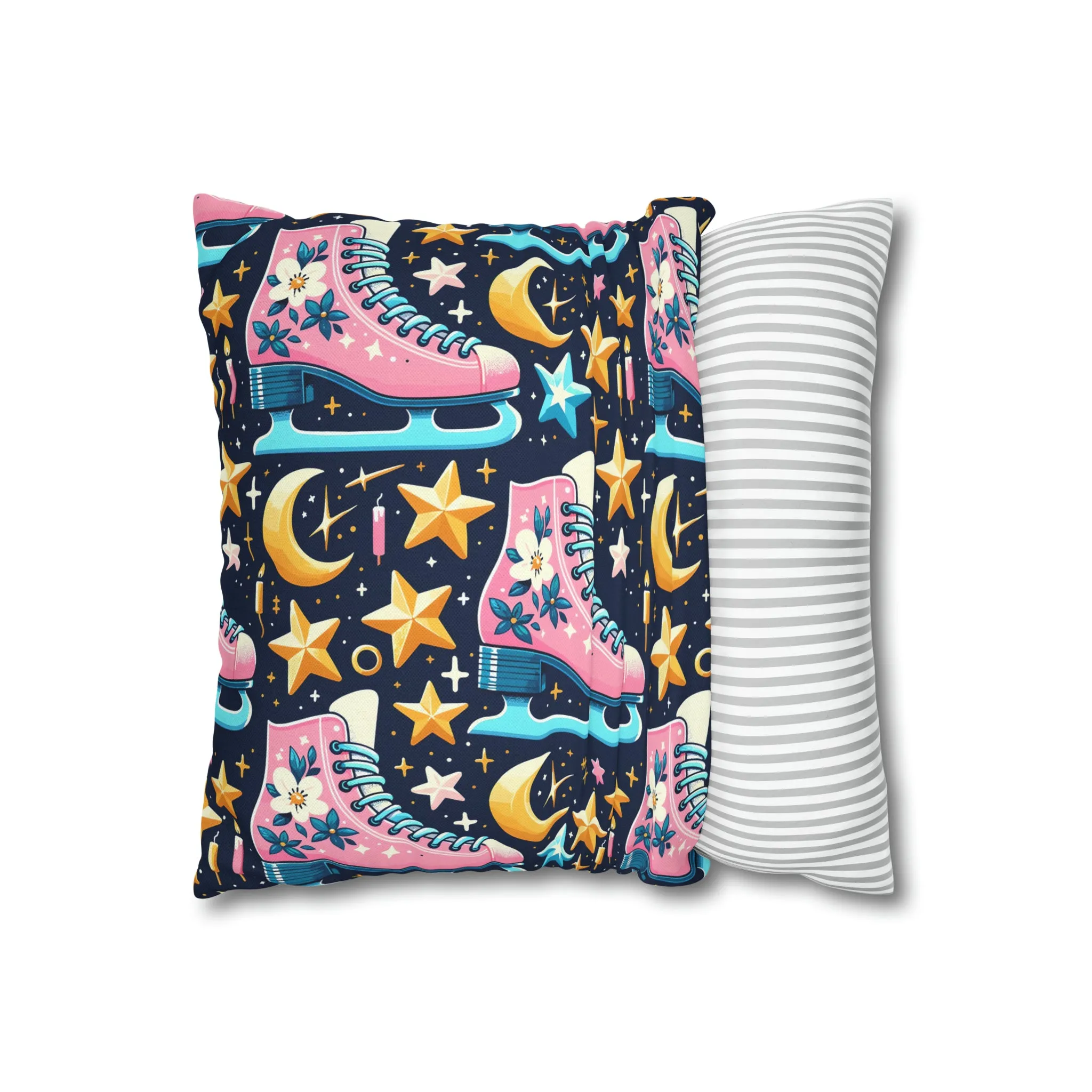 Roller Skates Pillowcase, 80s Vintage Retro Skates Pink Pillow Cover