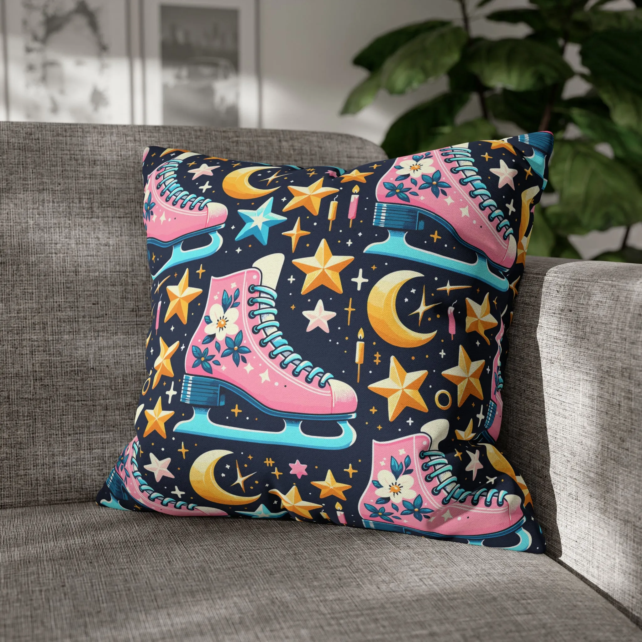 Roller Skates Pillowcase, 80s Vintage Retro Skates Pink Pillow Cover