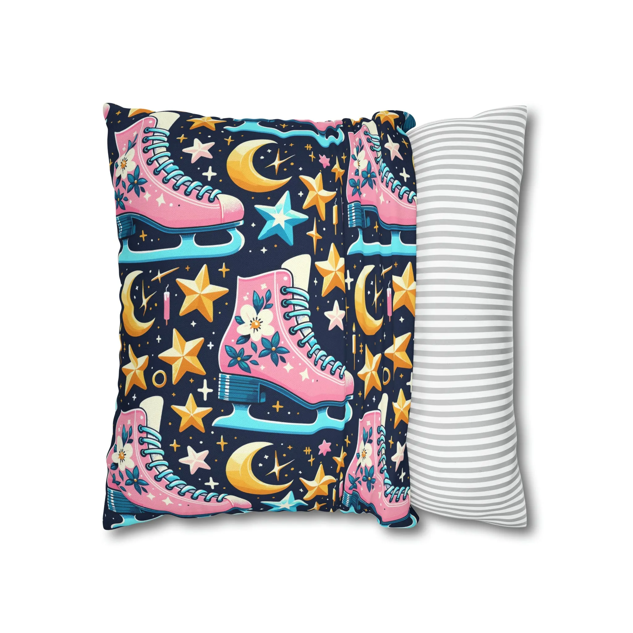 Roller Skates Pillowcase, 80s Vintage Retro Skates Pink Pillow Cover