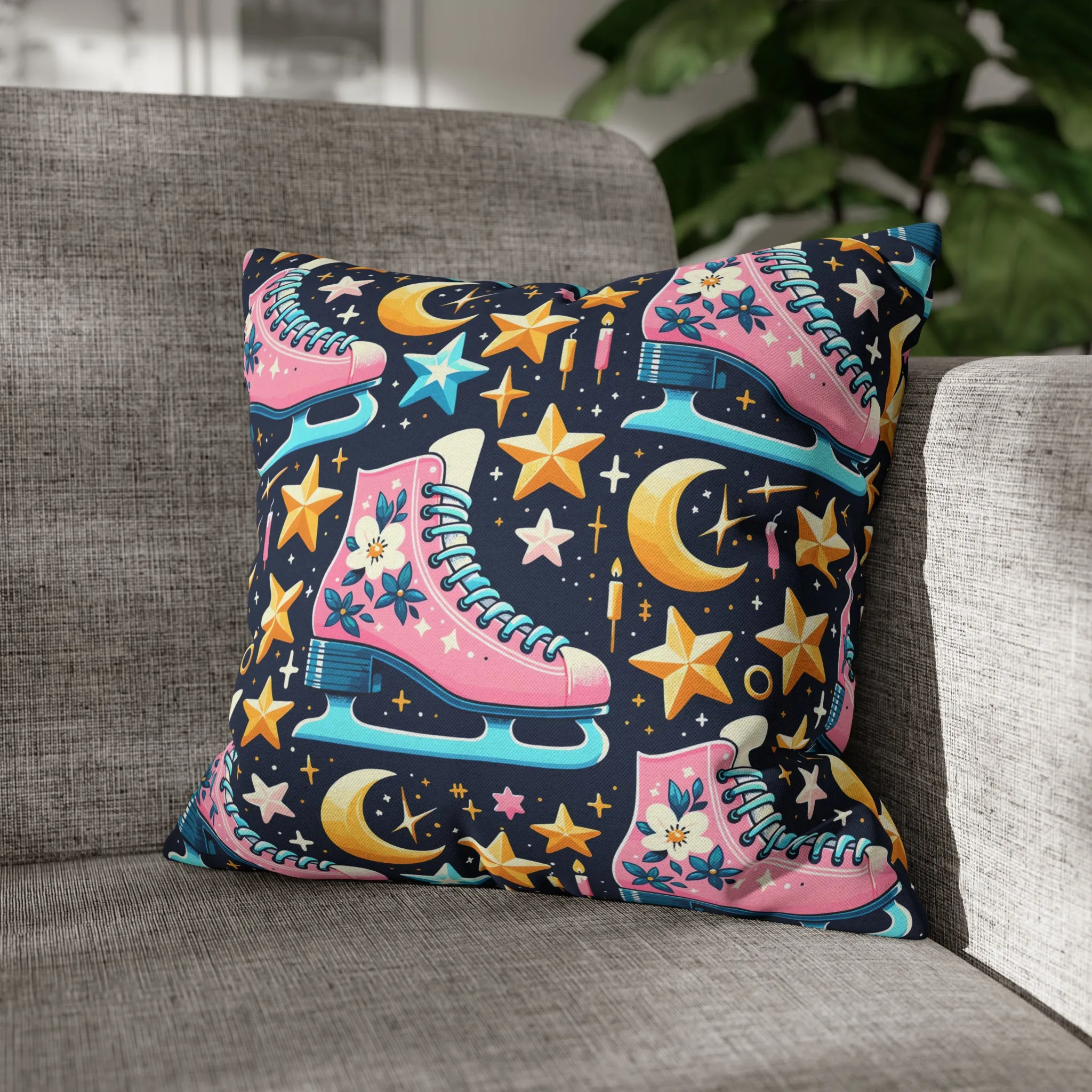 Roller Skates Pillowcase, 80s Vintage Retro Skates Pink Pillow Cover