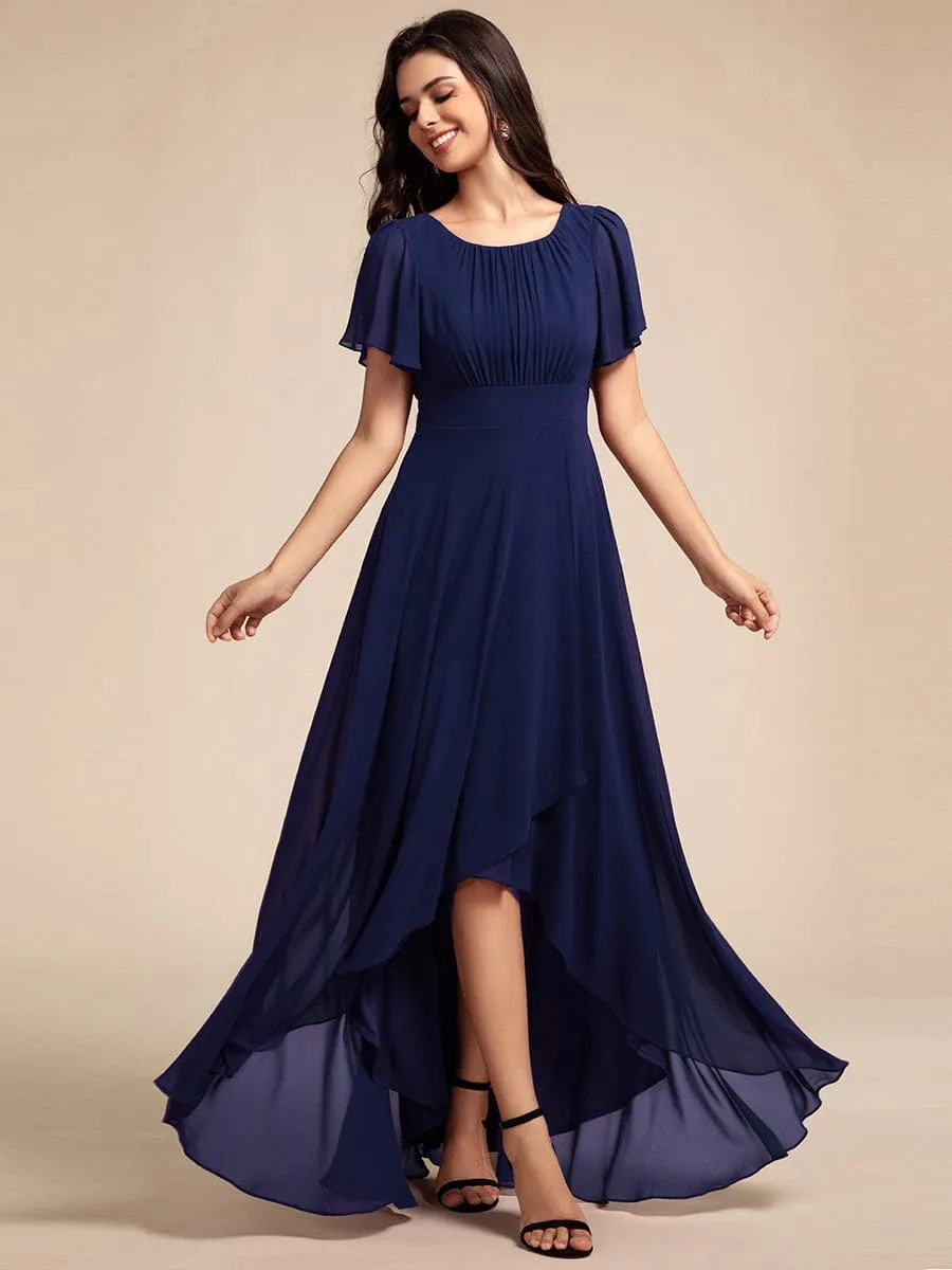 Round Neck Short Sleeve High-Low Chiffon Bridesmaid Dress
