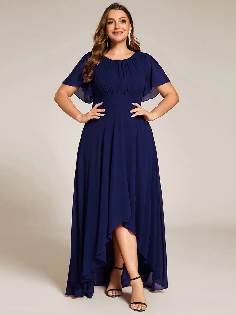 Round Neck Short Sleeve High-Low Chiffon Bridesmaid Dress