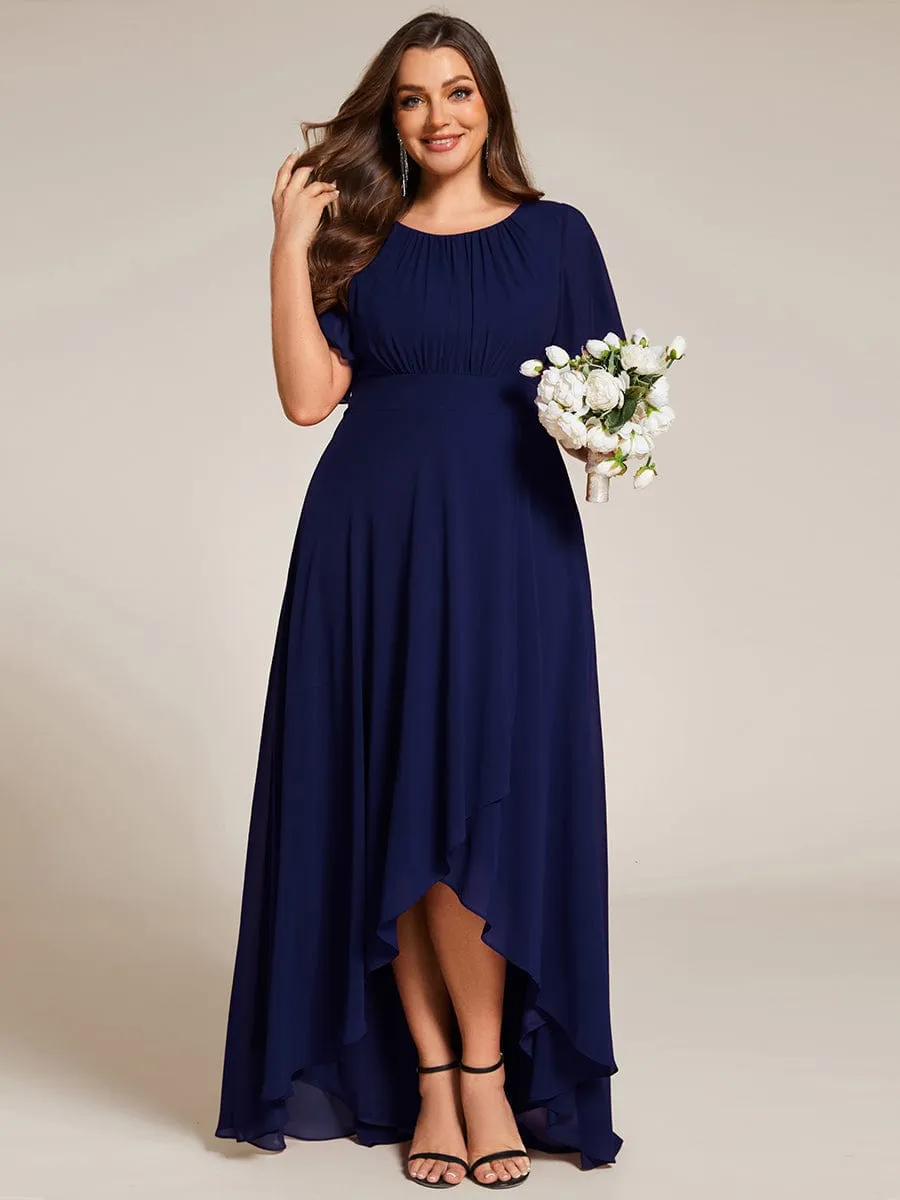 Round Neck Short Sleeve High-Low Chiffon Bridesmaid Dress