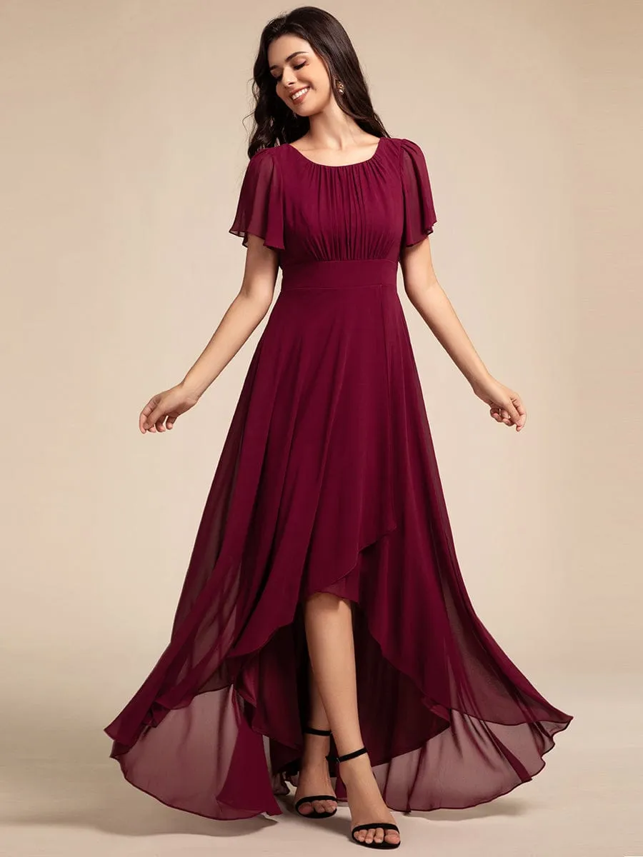 Round Neck Short Sleeve High-Low Chiffon Bridesmaid Dress
