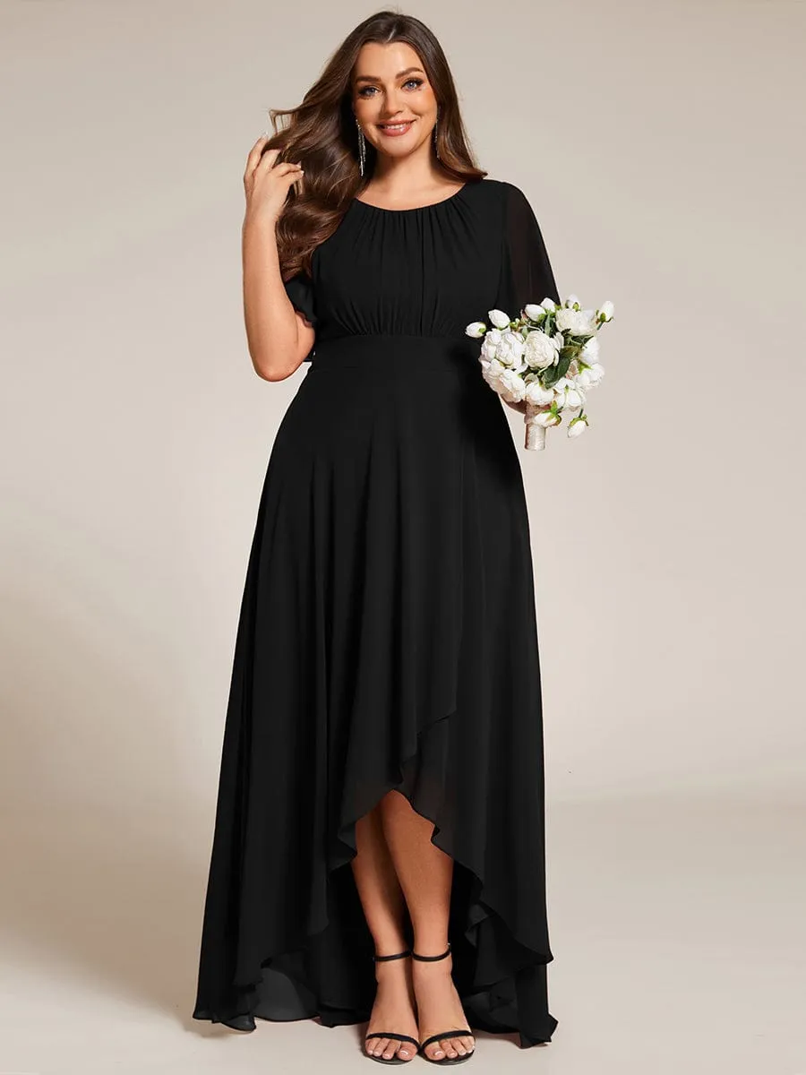 Round Neck Short Sleeve High-Low Chiffon Bridesmaid Dress