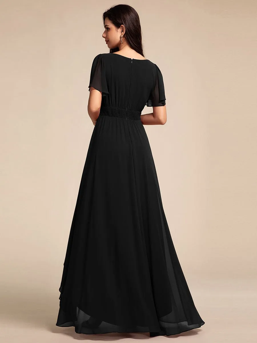 Round Neck Short Sleeve High-Low Chiffon Bridesmaid Dress