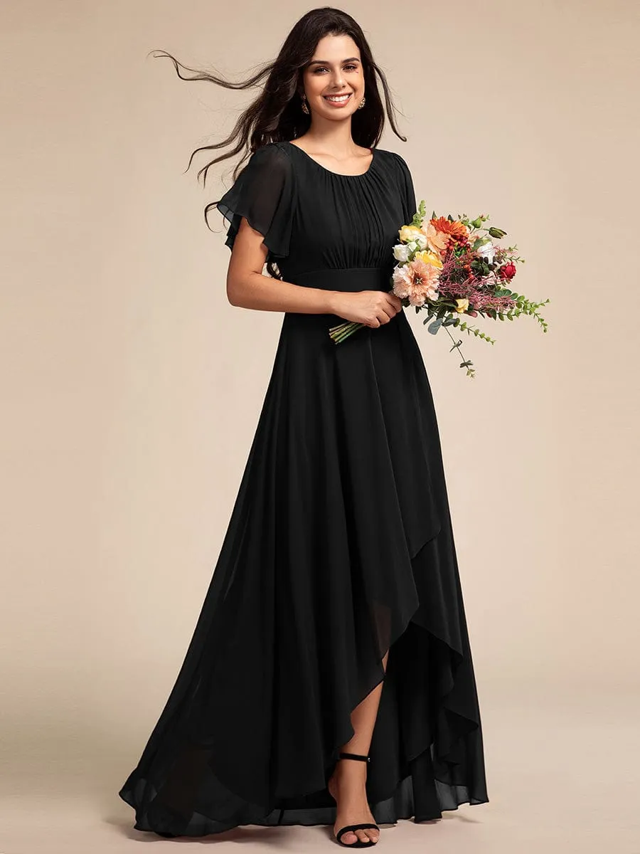 Round Neck Short Sleeve High-Low Chiffon Bridesmaid Dress