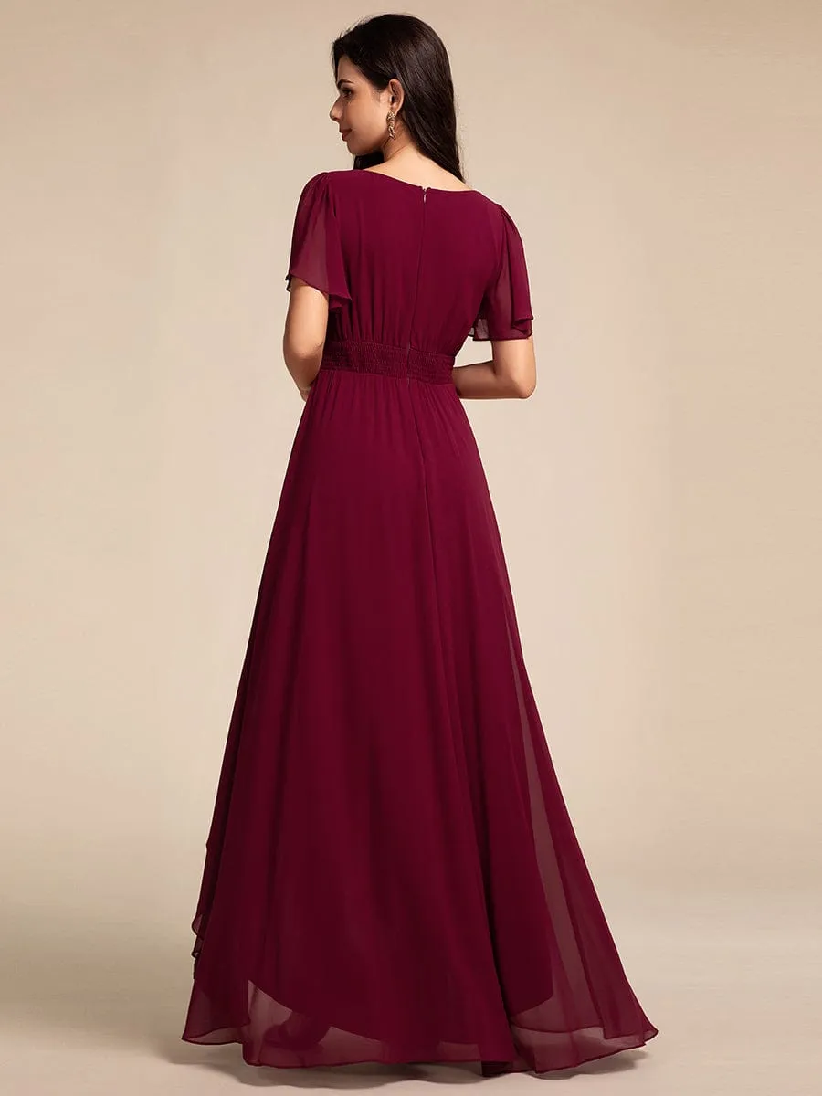 Round Neck Short Sleeve High-Low Chiffon Bridesmaid Dress