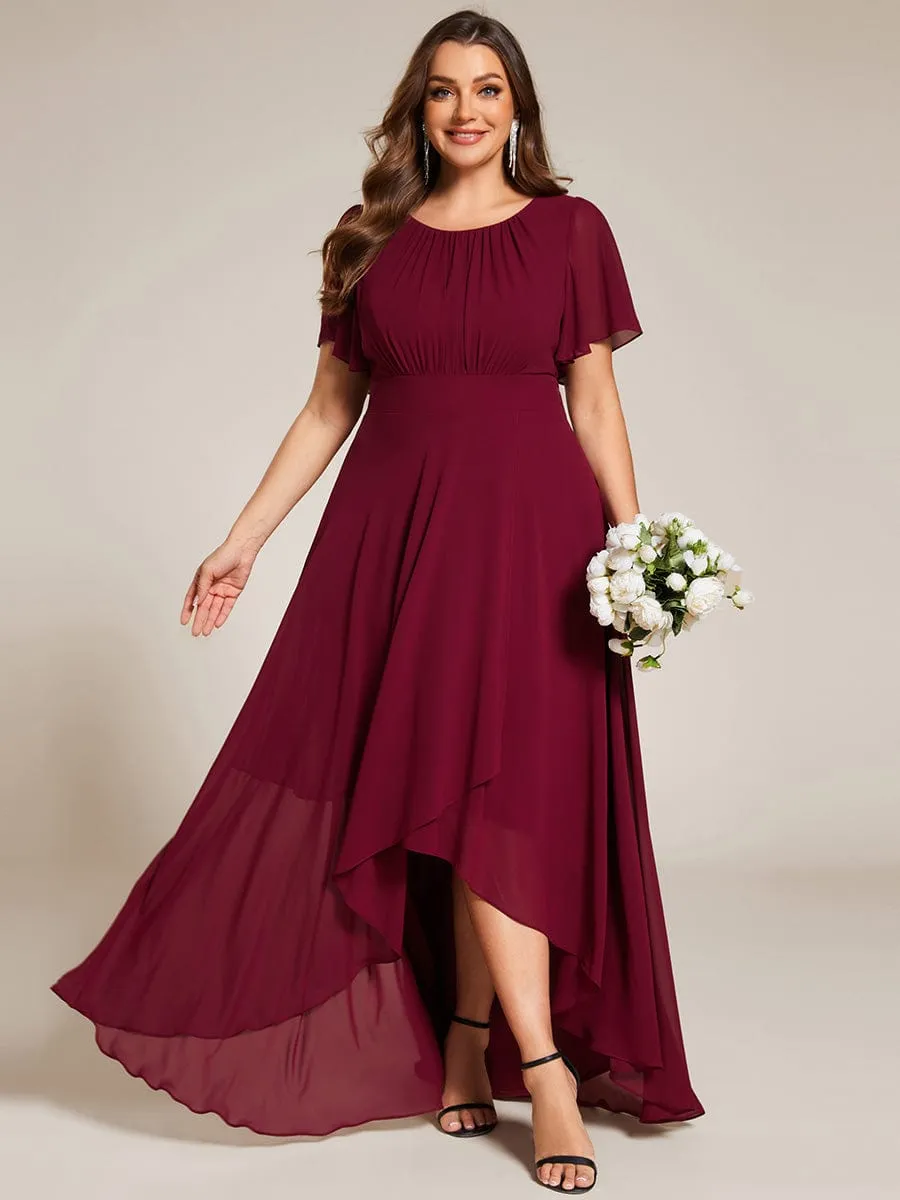 Round Neck Short Sleeve High-Low Chiffon Bridesmaid Dress