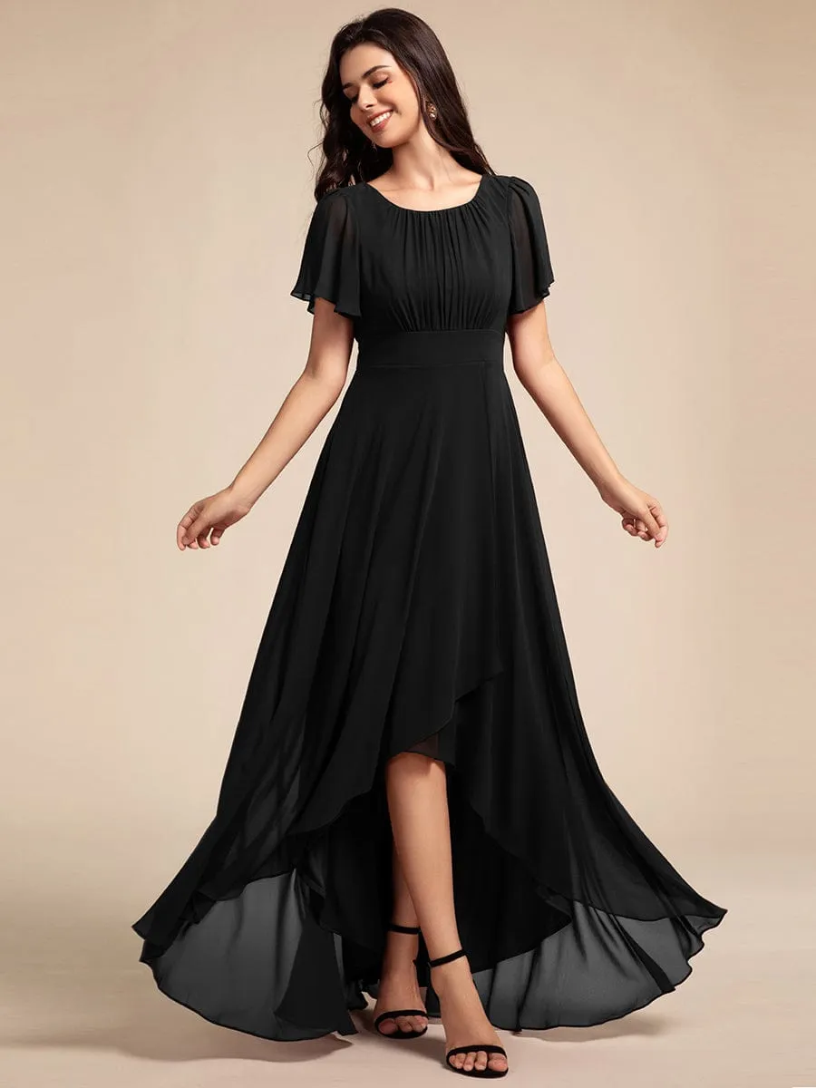 Round Neck Short Sleeve High-Low Chiffon Bridesmaid Dress