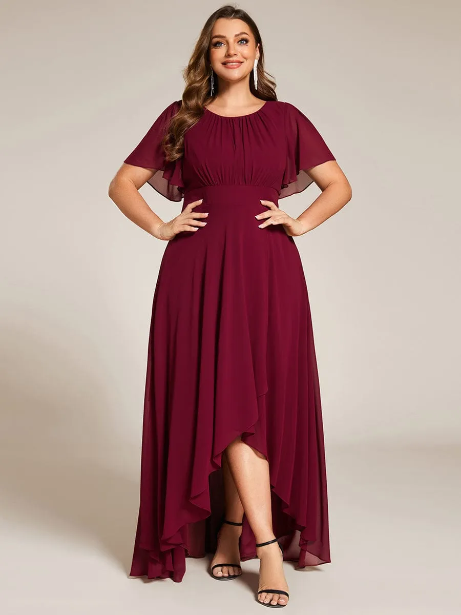 Round Neck Short Sleeve High-Low Chiffon Bridesmaid Dress
