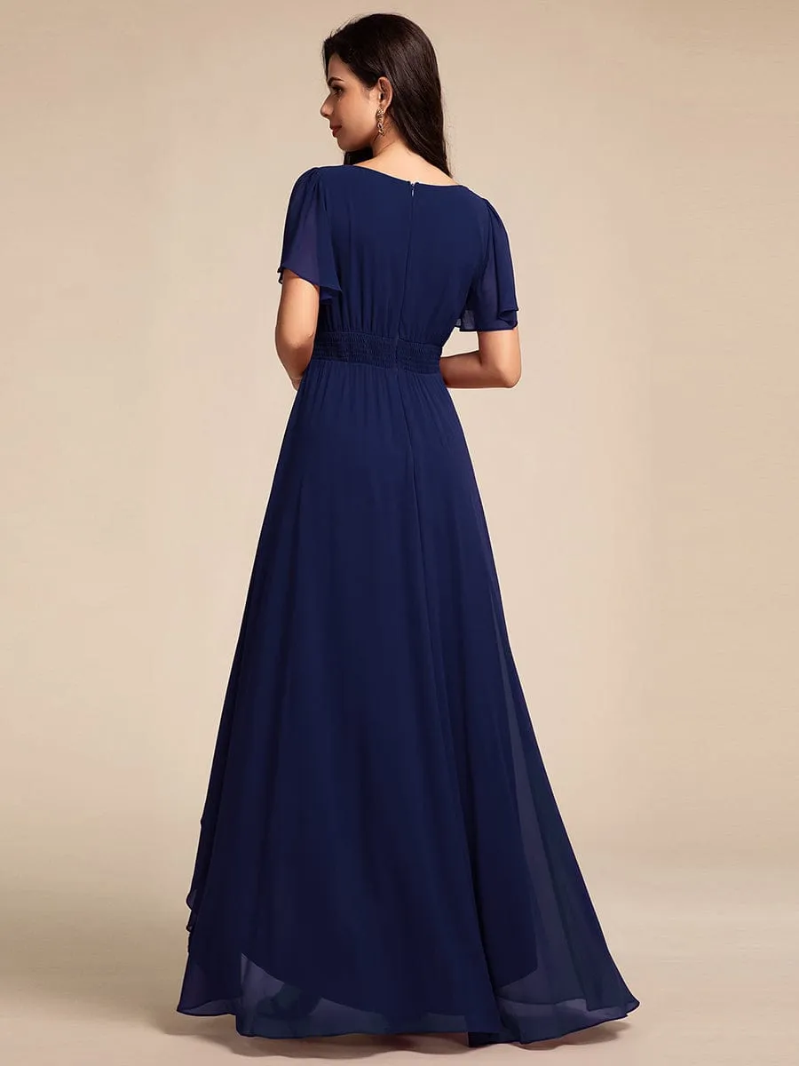 Round Neck Short Sleeve High-Low Chiffon Bridesmaid Dress