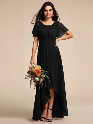 Round Neck Short Sleeve High-Low Chiffon Bridesmaid Dress