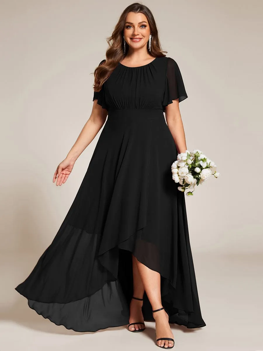 Round Neck Short Sleeve High-Low Chiffon Bridesmaid Dress