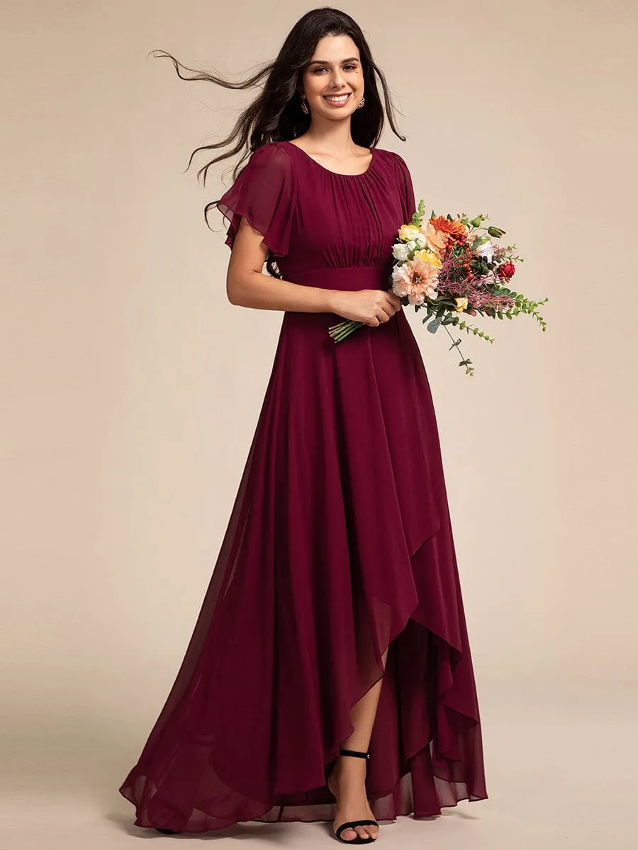 Round Neck Short Sleeve High-Low Chiffon Bridesmaid Dress