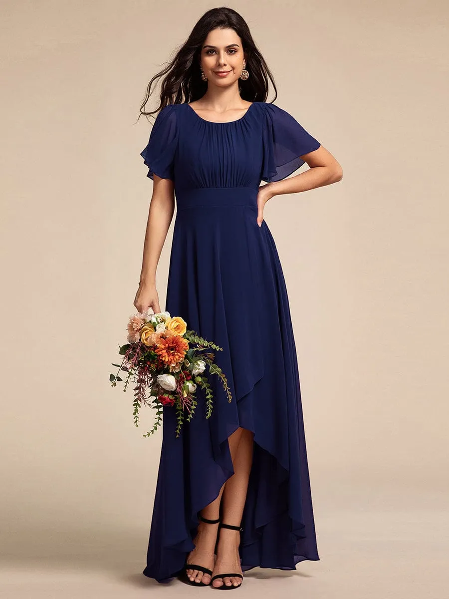 Round Neck Short Sleeve High-Low Chiffon Bridesmaid Dress