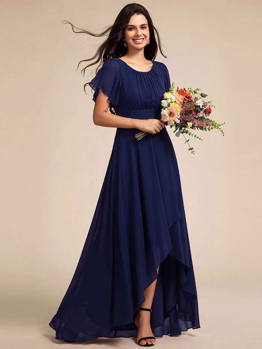 Round Neck Short Sleeve High-Low Chiffon Bridesmaid Dress