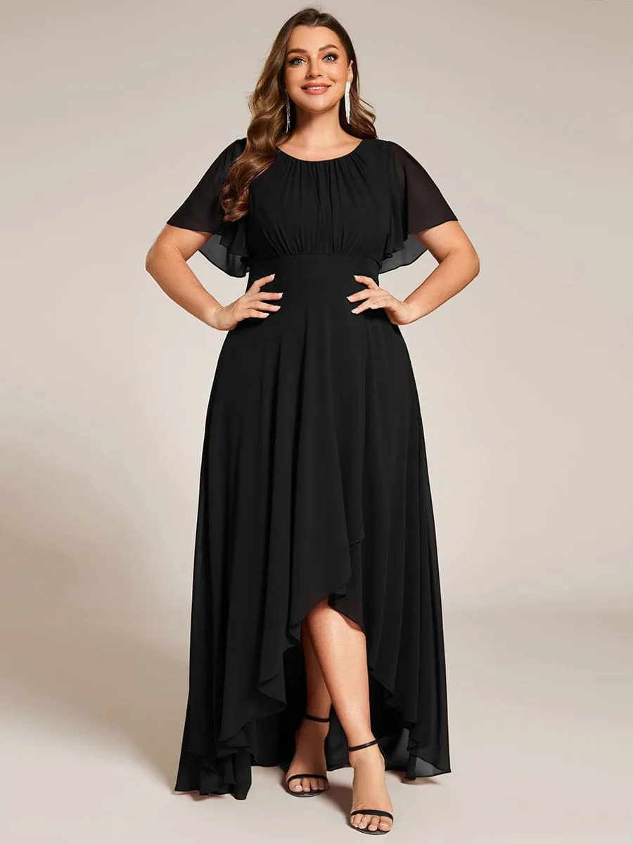 Round Neck Short Sleeve High-Low Chiffon Bridesmaid Dress