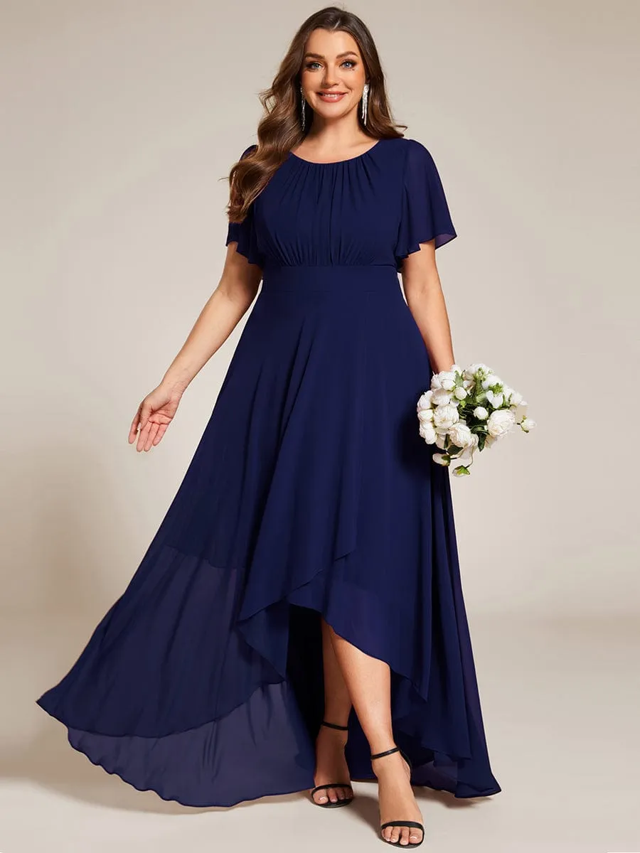Round Neck Short Sleeve High-Low Chiffon Bridesmaid Dress