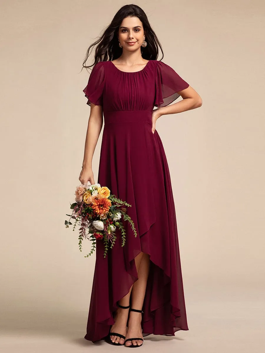 Round Neck Short Sleeve High-Low Chiffon Bridesmaid Dress