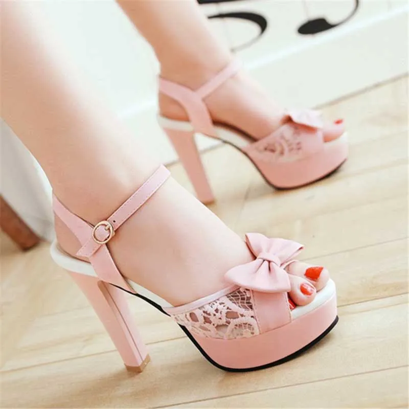 Sweet Lace High Heel Costume Shoes with Bow Accent