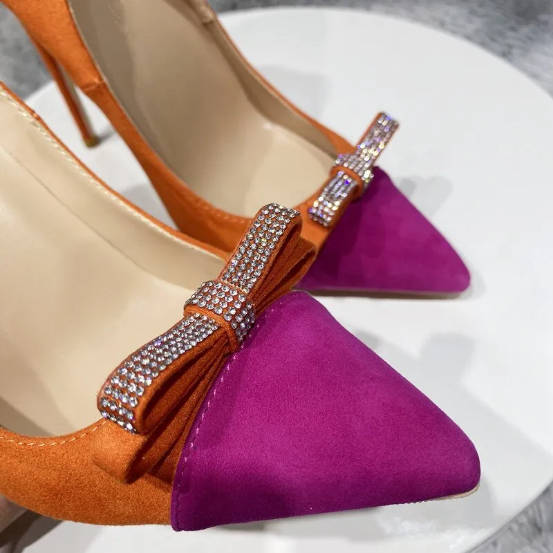 Textured Pink and Orange Toned Stiletto with Rhinestone Bow Accents