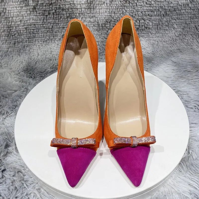 Textured Pink and Orange Toned Stiletto with Rhinestone Bow Accents