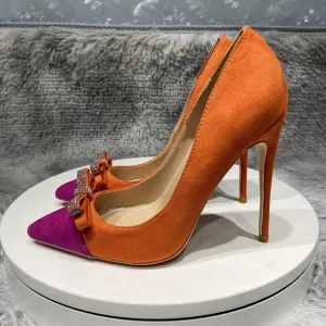 Textured Pink and Orange Toned Stiletto with Rhinestone Bow Accents