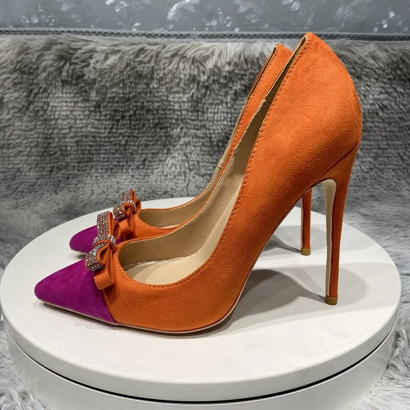 Textured Pink and Orange Toned Stiletto with Rhinestone Bow Accents