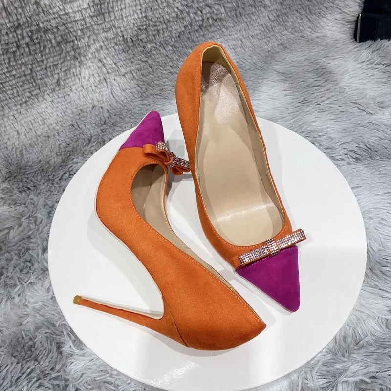 Textured Pink and Orange Toned Stiletto with Rhinestone Bow Accents