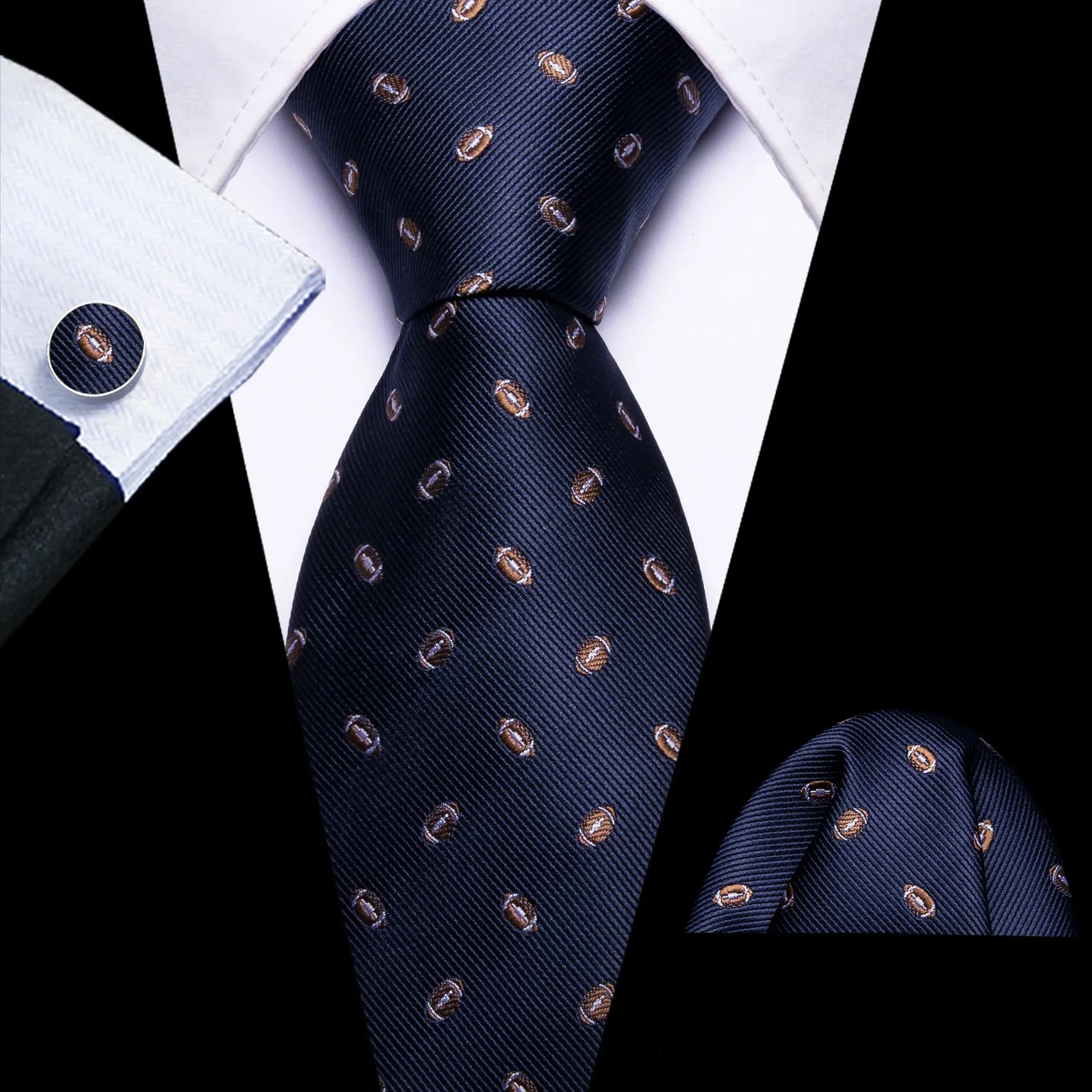 Ties2you Silk Necktie Deep Blue Novelty Football Pattern Mens Tie Set