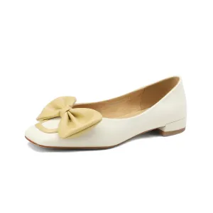 TinaCus Women's Genuine Leather Square Toe Handmade Bowknot Chunky Heels Casual Flats
