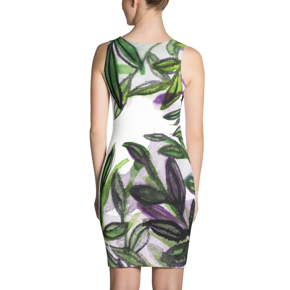 Tropical Leaves Print Dress, Premium Sleeveless Designer Long Sleeves Premium Dress-Made in USA/EU