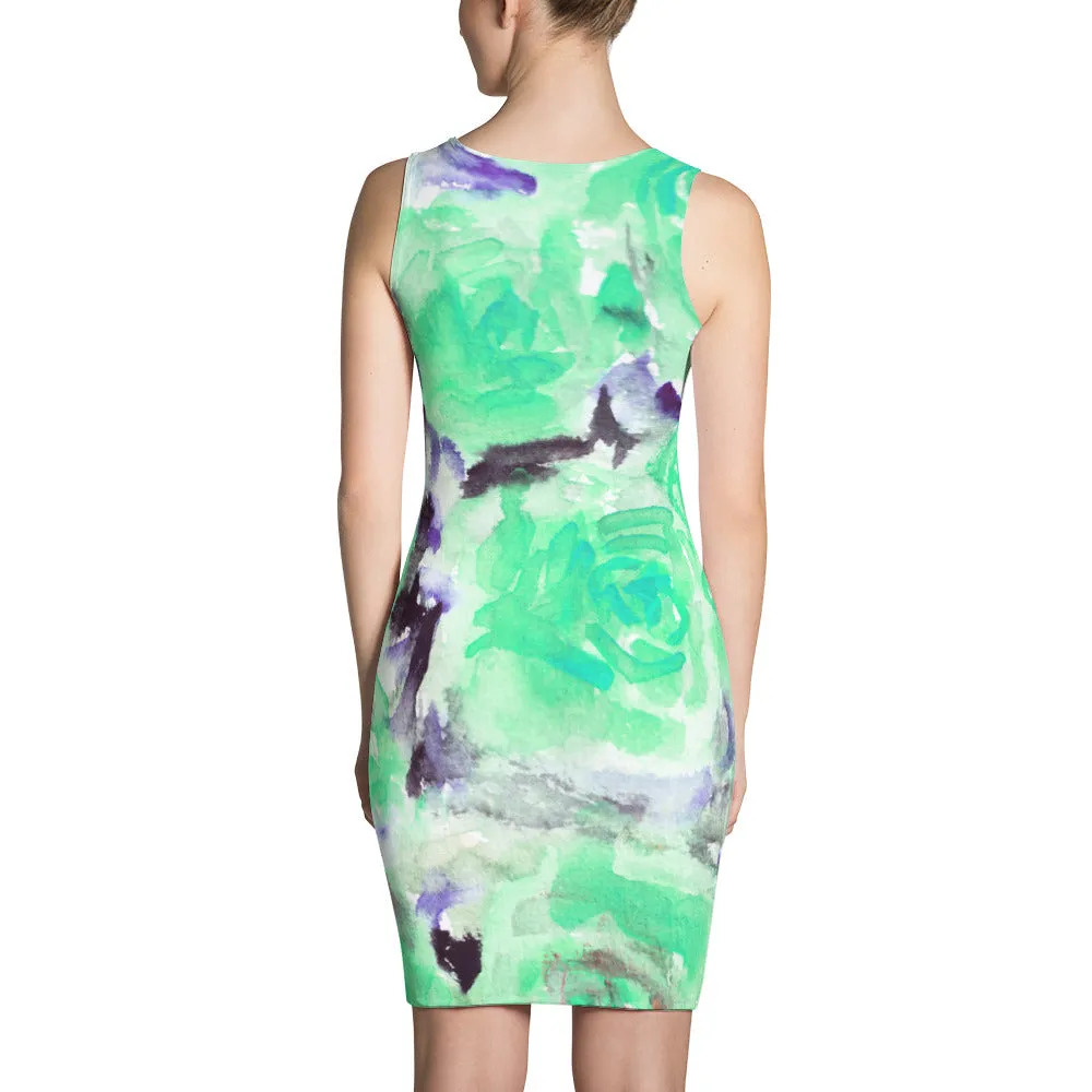 Turquoise Blue Rose Dress, Floral Sleeveless Premium Quality Women Dress - Made in USA/EU