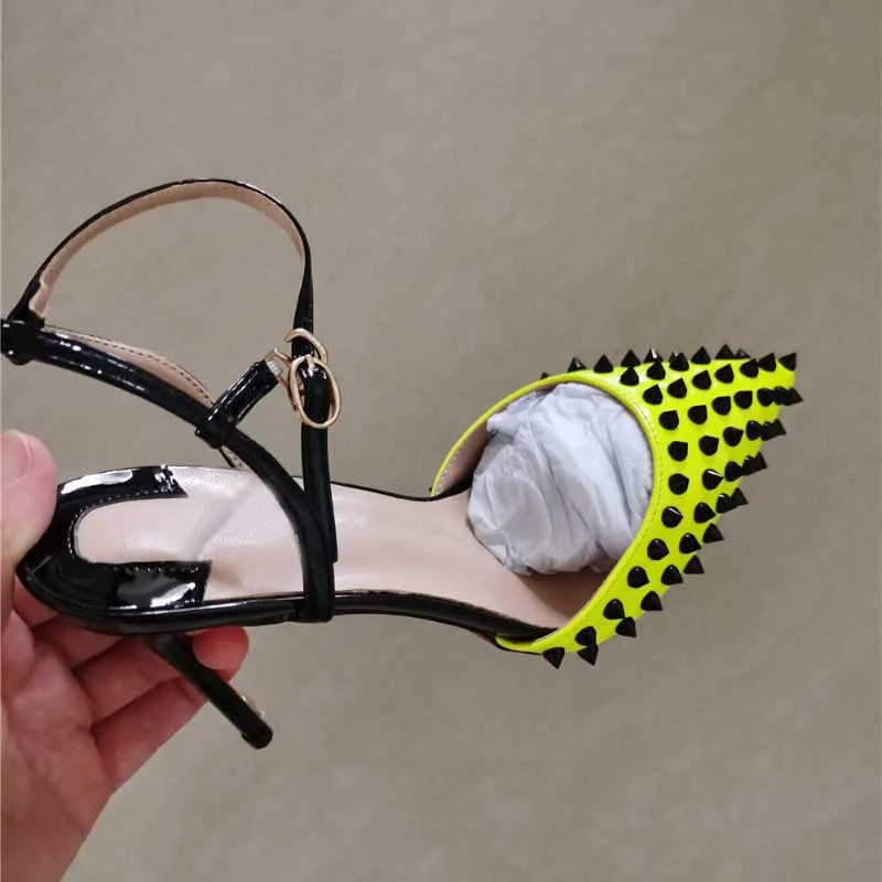 Unique Spiked Neon Yellow Pointed Toe High Heel Shoes with Ankle Straps