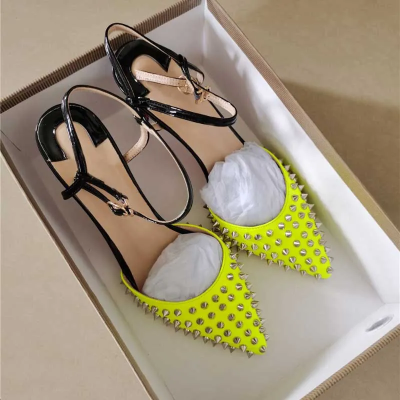 Unique Spiked Neon Yellow Pointed Toe High Heel Shoes with Ankle Straps