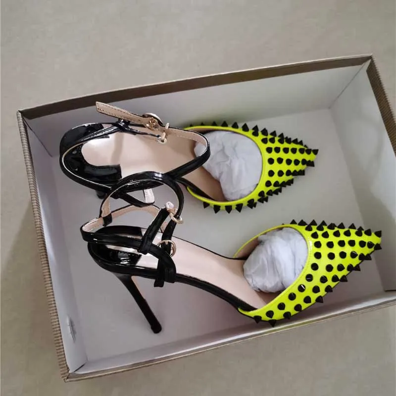 Unique Spiked Neon Yellow Pointed Toe High Heel Shoes with Ankle Straps