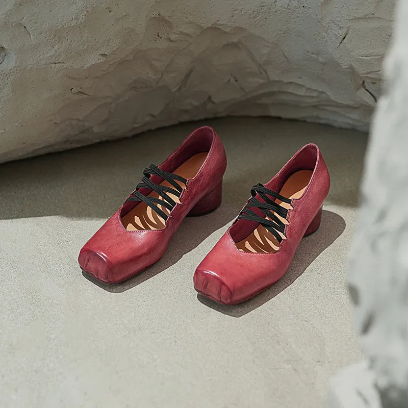 Vintage Mid Heel Square Toe Washed Horsehide Mary Jane Ballet Shoes in Blue/Red/Black/Pink/Grey