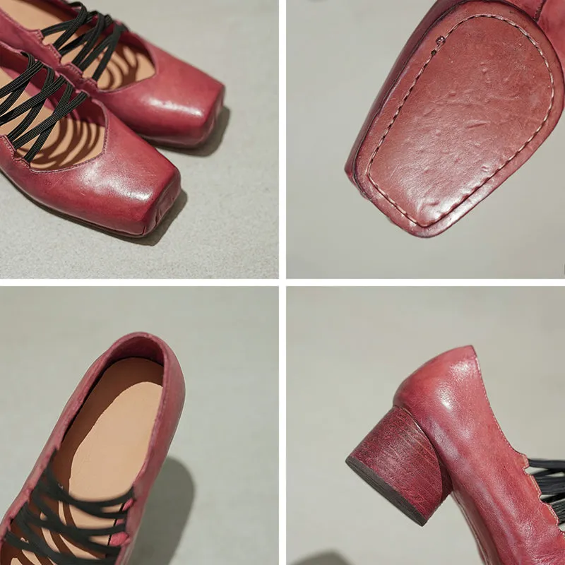 Vintage Mid Heel Square Toe Washed Horsehide Mary Jane Ballet Shoes in Blue/Red/Black/Pink/Grey