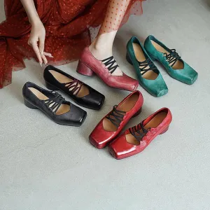 Vintage Mid Heel Square Toe Washed Horsehide Mary Jane Ballet Shoes in Blue/Red/Black/Pink/Grey